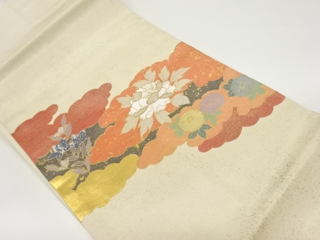 JAPANESE NAGOYA OBI / SHELL INLAY / FLOWERS